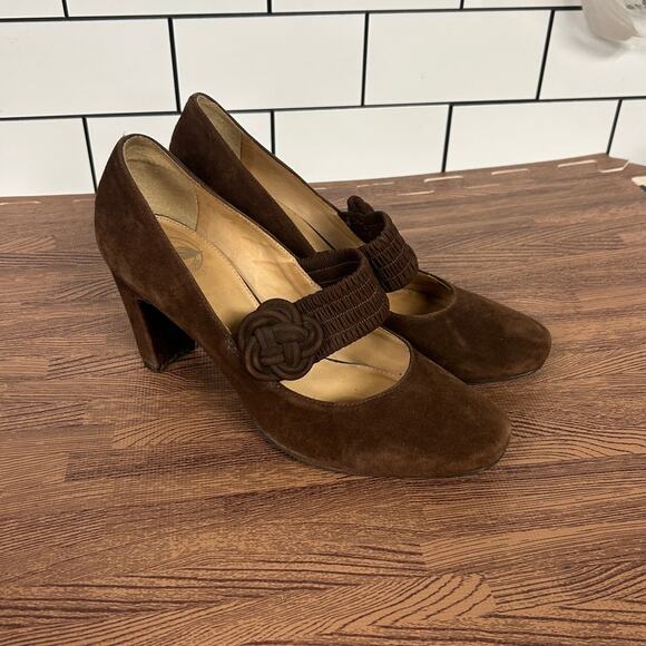 Nurture Madge Mary Jane Pumps 8.5 Brown Suede Leather Heeled Elastic Knot Strap - Picture 1 of 9